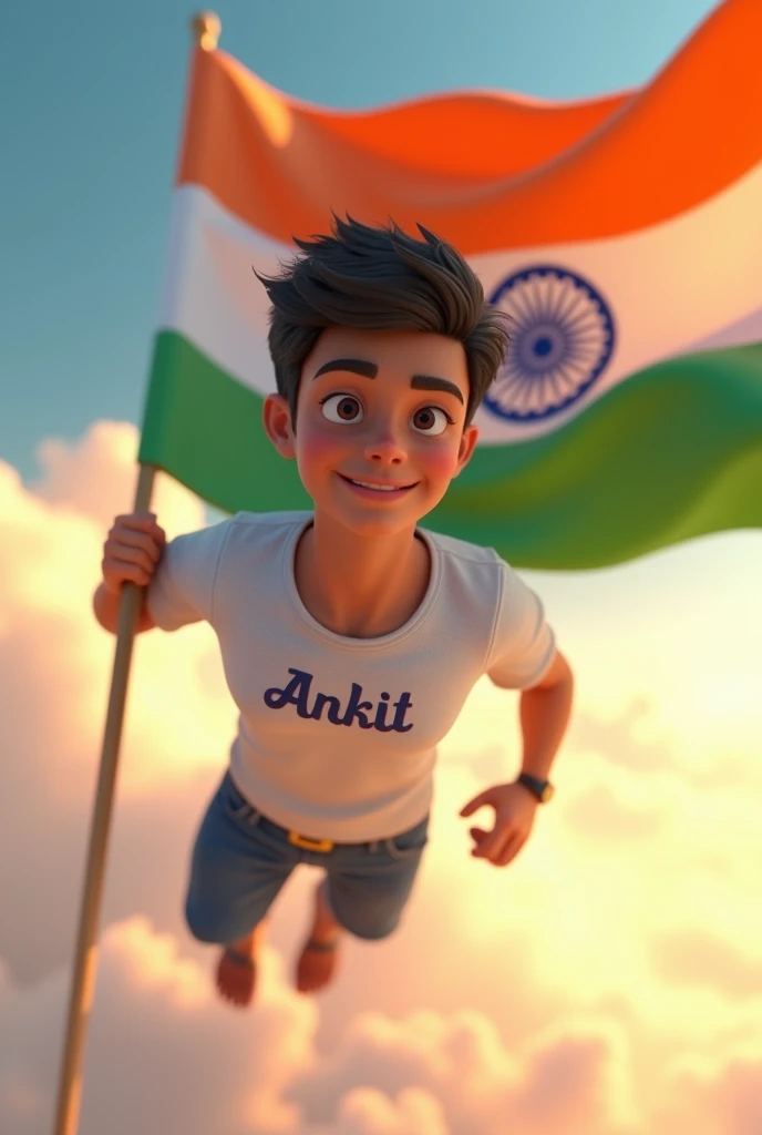 in 3d animation style a vary handsome  boy  20year fly india tiranga Ankit name is printed on the T-shirt 