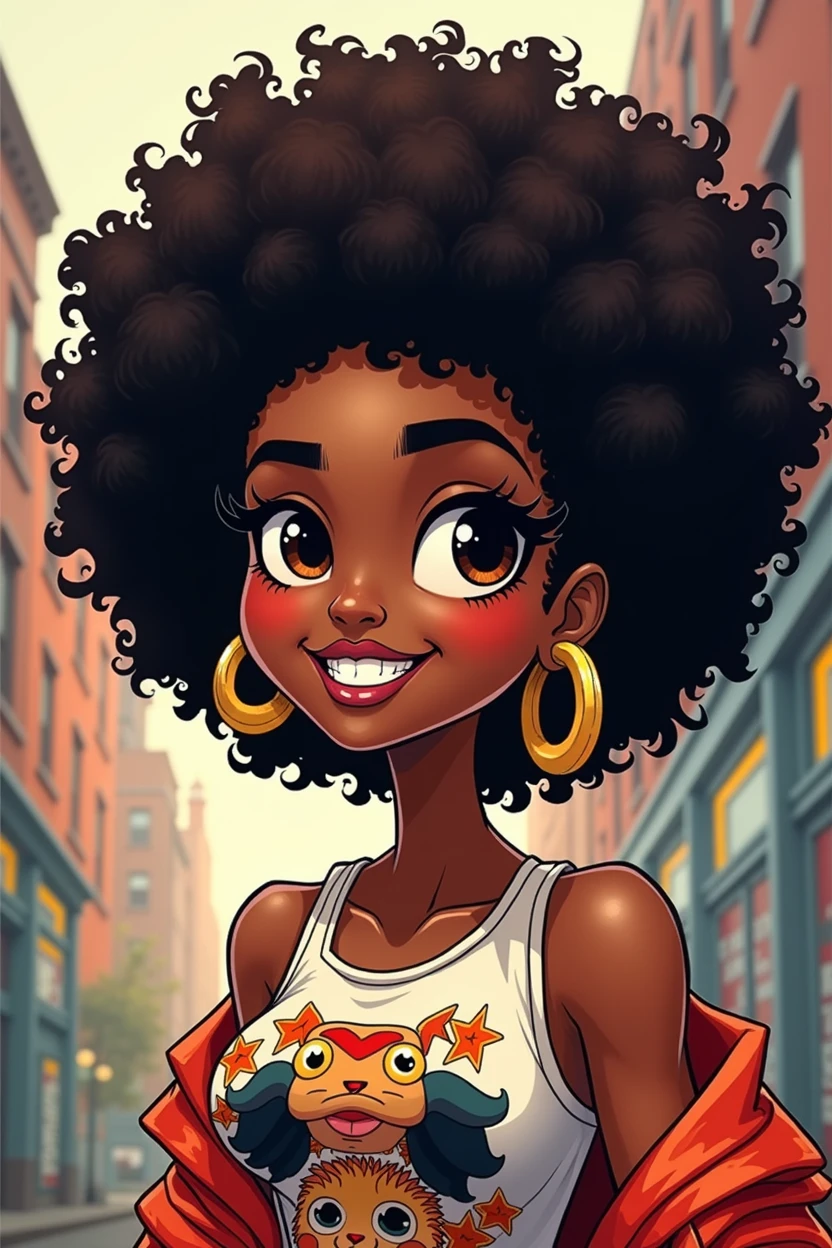 cartoon image of a woman with a big afro hair, super cute funky black girl, cartoon style illustration, cartoon art style, cartoon art style, in digital illustration style, highly detailed character design, cute detailed digital art, urban girl fanart, portrait character design, beautiful digital illustration, high quality portrait, cartoon art, afro, character design portrait, hugh boobs