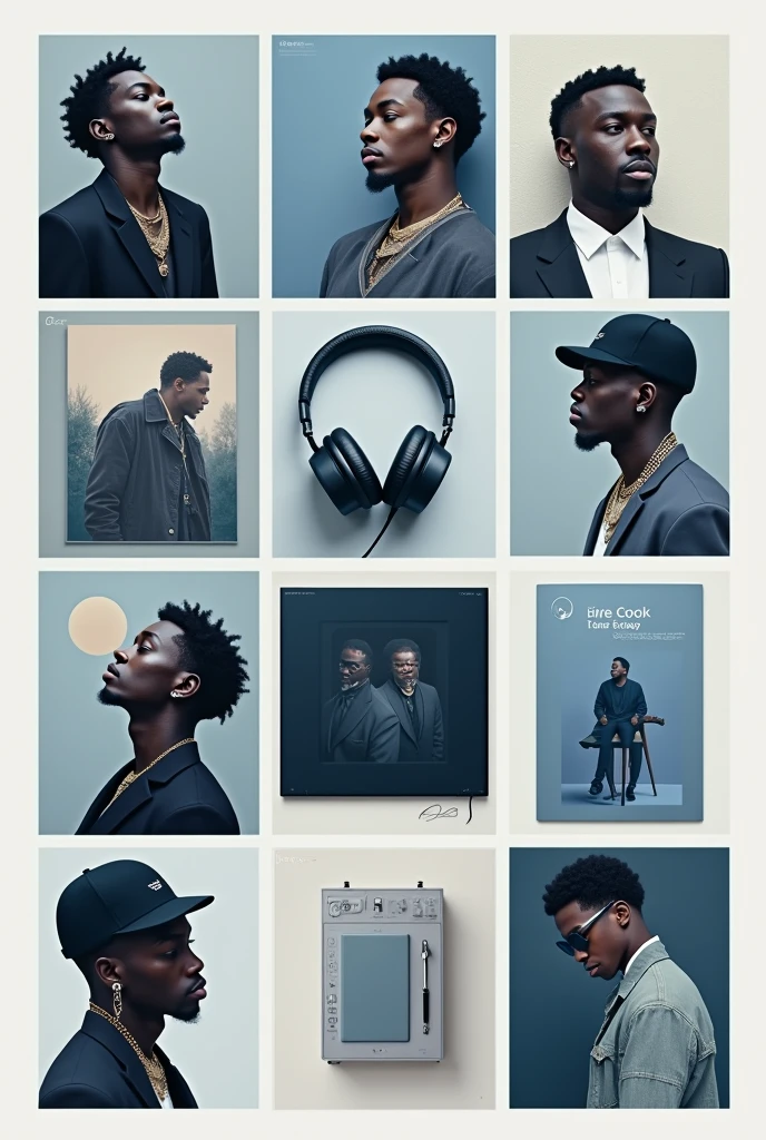 you can generate a moodboard of music in general it can be album covers, Artists, instruments etc.. that is something of cool tones and that has the color palette, that it looks neat and elegant but at the same time something under rap and hip hop style, Something simple that doesn't require many elements