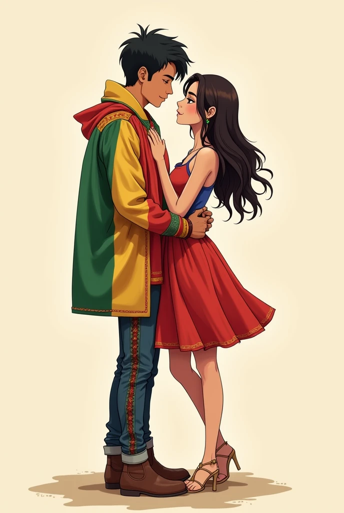 Affectionate couple, Bolivian man with the red, yellow, and green flag., Chilean woman with Chilean flag, in anime drawing