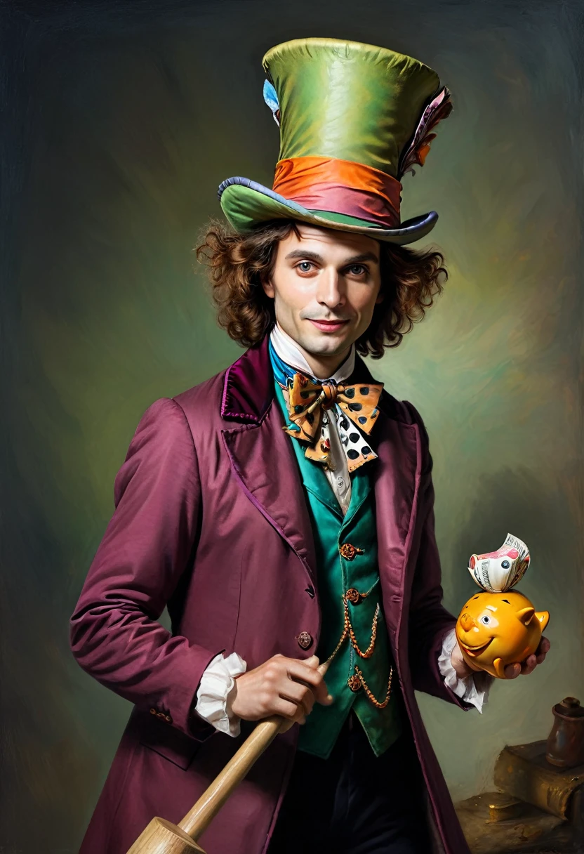 Portrait of Javier Milei, dressed like the Mad Hatter, gaze with strangeness and madness, carrying a mallet and trying to break a piggy bank.