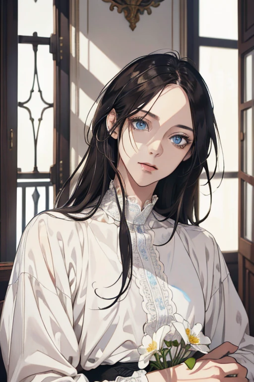 1 man, Realistic, master-piece, bestquality, Beautiful, detailed eyes and detailed faces.,natural light, European retro, White shirt, lace, Long dark blsck hair, blue grey eyes, attractive, depressed, Decorative flowers, sunbeam, 31 years.