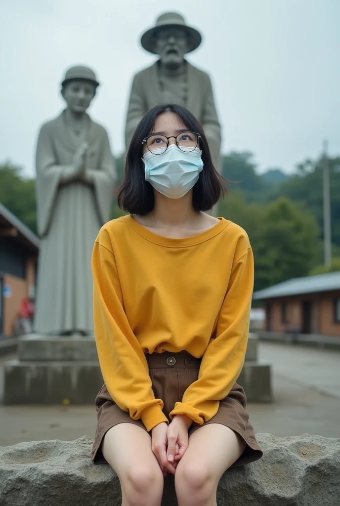 ugly average 21 year old woman, wearing glasses, hair is colored black, pale, short, sitting on a rock, posing for a photo, statue of a rock behind her and small buildings, the woman is wearing yellow long sleeves and brown shorts, hands at the back looking up, wearing face mask
