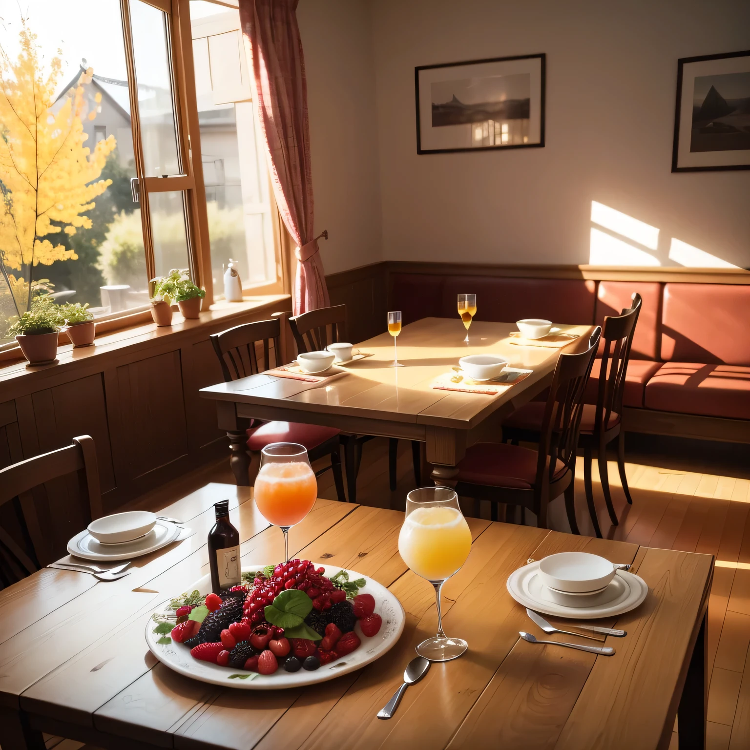 Eating in a bright dining room, on the table are wild strawberries, chestnuts, mulberries, and drinks