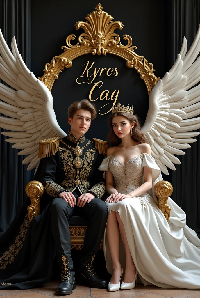 Create realistic image of couple young king and young Queen outfit and sit on the king and queen chair . gold combination of white.had a wings and behind them the color of the wall black & white on which written in 3rd curve style on it name"Kyros,Cay"3rd letters style be careful to the spelling on it.