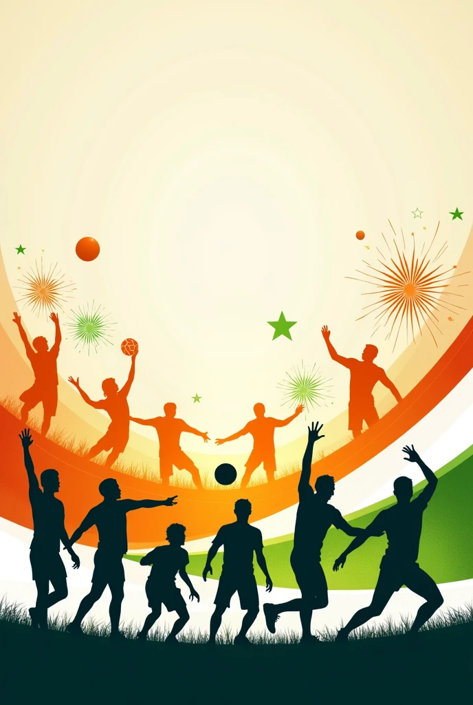An Independence Day-themed Instagram story featuring the sports of volleyball, football, cricket, badminton, kabaddi, hockey etc. The background has a blend of saffron, white, and green, inspired by the national flag. Silhouettes of athletes playing volleyball, kicking a football, batting in cricket, and striking in badminton are shown in dynamic action poses, positioned across the image to create a balanced composition. Patriotic elements like the Ashoka Chakra and subtle fireworks are integrated into the background. The overall vibe is energetic and celebratory, with space at the top for a caption or message.