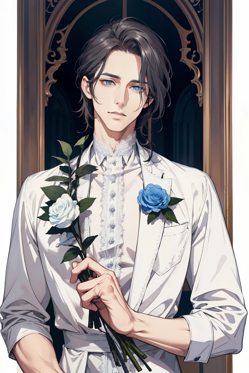 1 man, Realistic, master-piece, bestquality, Beautiful, detailed eyes and detailed faces.,natural light, European retro, White shirt, lace, Long dark blsck hair, blue grey eyes, attractive, depressed, Decorative flowers, sunbeam, 31 years.