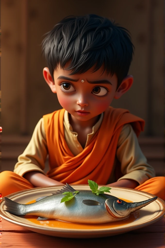 A boy, the boy will be a Hindu, there will be a plate in front of him, there will be a hilsa fish on the plate, the boy will look at the hilsa fish and saliva will come out of his mouth.