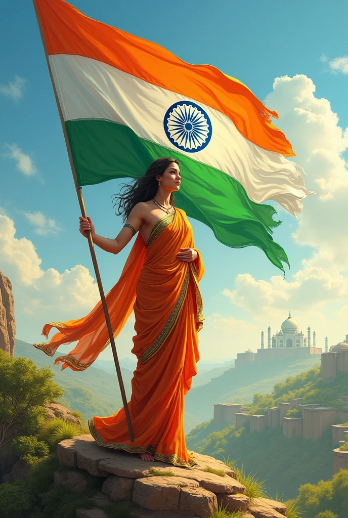Create unique 15th august related image in which religious Bharat Mata seen and Tiranga flag carried in her hand