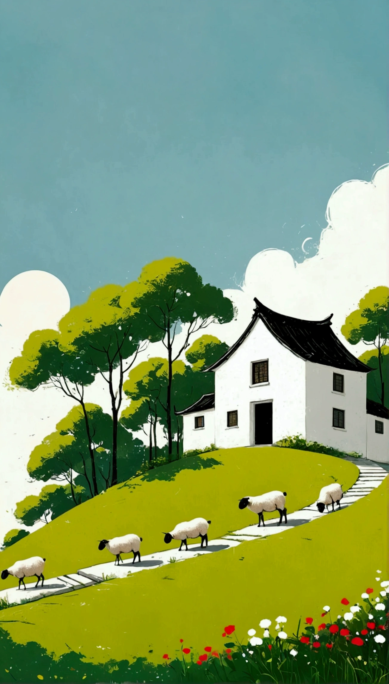 Sky accounts for 3%/4，75%Blank.中国水墨画sketch：Light Ink，Lowercase，sketch，artistic conception:2.point，sheep on grass，Small house in the distance，Minimalism，White background。(((Negative Space:2,大面积Blank:2, Bottom left composition)))