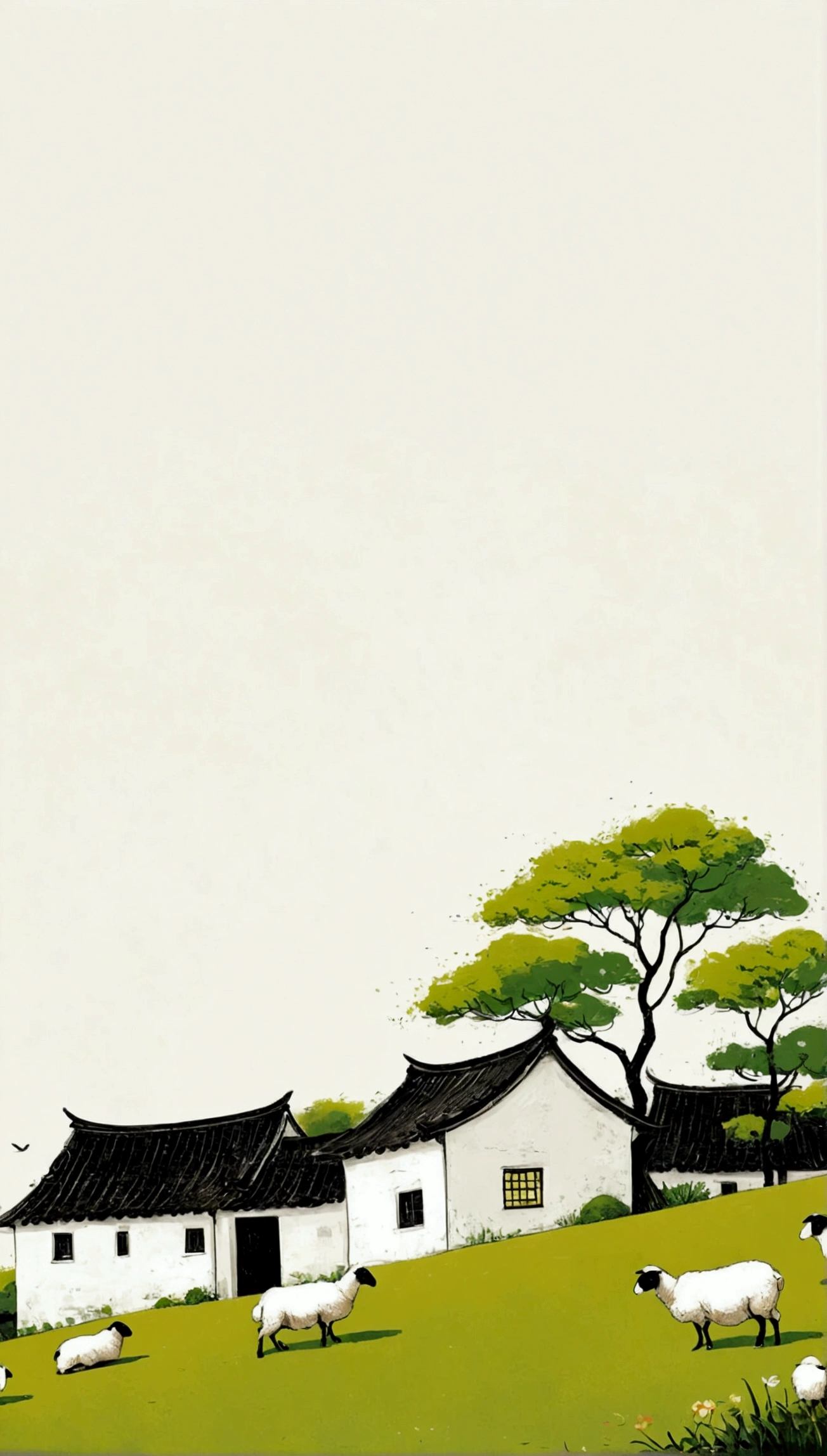 Sky accounts for 3%/4,75%Blank.中国水墨画sketch:Light Ink,Lowercase,sketch,artistic conception:2.point,sheep on grass,Small house in the distance,Minimalism,White background。(((Negative Space:2,大面积Blank:2, Bottom left composition)))