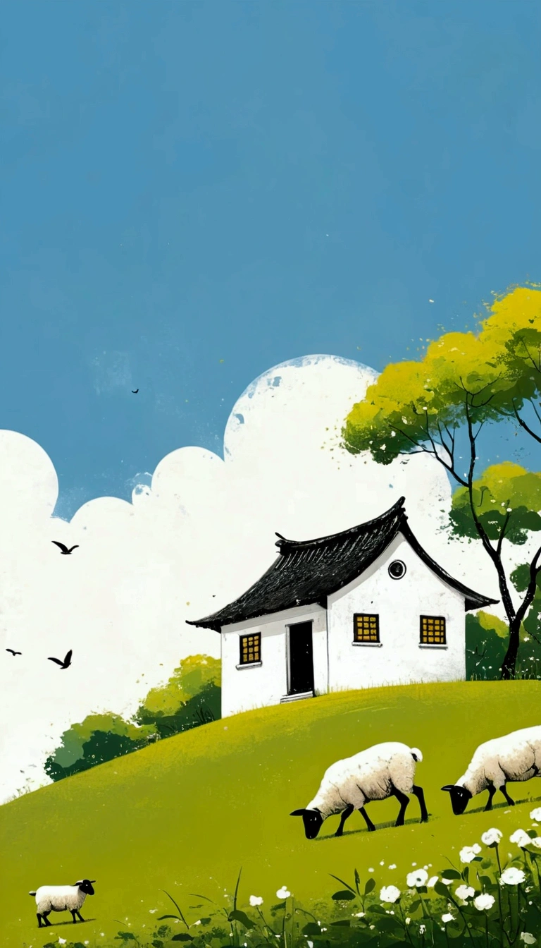 Sky accounts for 3%/4,75%Blank.中国水墨画sketch:Light Ink,Lowercase,sketch,artistic conception:2.point,sheep on grass,Small house in the distance,Minimalism,White background。(((Negative Space:2,大面积Blank:2, Bottom left composition)))