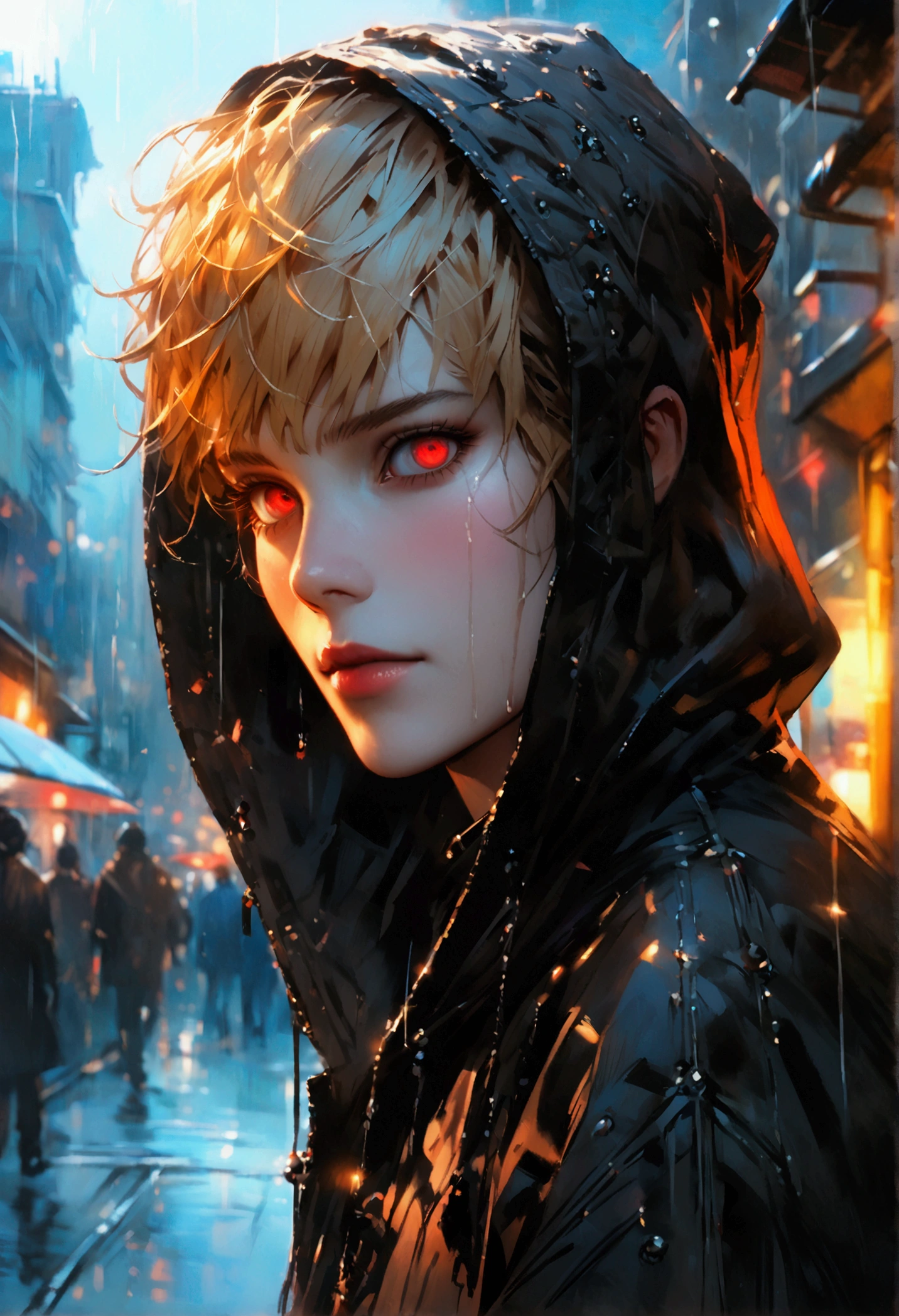 best quality, more details, masterpiece, 1boy,portrait, male focus, red eyes, solo, bangs, looking at viewer, hood, short hair, rain, tokyo, hood up, nail polish, blonde hair, luxurious, 8k, detailed, ray tracing, depth of field, cinematic lighting, "official art", "Realistic Digital Painting with Concept Art Elements"," digital painting," "concept art," "realistic," , "detailed environment: , "high detail", "detailed face", "high-res", "ominous aura,", "8k resolution", "oil painting", "graded colors", "darker tone" , "little saturation" ,"professionally colored", "detailed features" , "detailed eyes", "full body" , "masked face"