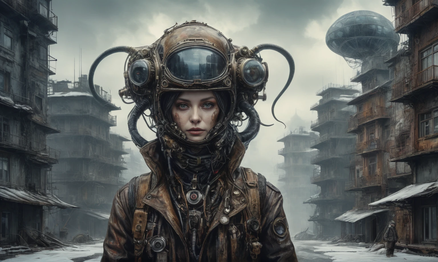 insane pilot from USSR , camouflage Rusty, before a psychiatric clinic,winter,intricate landscape,slate grey atmosphere,film grain,faded,eyes extremely detailed,another world,view from height,once pretty face,eyebrow up,full body shot,ominous landscape, Simon Stalenhag,Nicola Samori,full body shot,beggar paladium The Alien Entity xenomorph,Technicolor,natural skin textures, hyper realism, hyper detailed,Extremely detailed,High contrast,Masterpiece,Realistic,Ultra Detailed, intricate details,realistic humid leather,extremly intricate,Epic Realistic, cinematic style,irina yermolova,high contrast,hdr,extremely detailed, deep night landscape,masterpiece,intricate details,faded,eyes extremely detailed, high detailed eyes,8k resolution,RAW,retina, Nikon Z9,China,tkt style, transition between two art styles, Ink painting to photorealism, Double contact, X-ray, Creative, vivid light, masterpiece, fantasy, Abstract Surrealism, super detailed, high resolution, stop:35;Her skin is pale, almost translucent,ancient rock,a hot air soars through the layers of clouds, revealing a colossal and enigmatic cityscape nestled within. The buildings in this ethereal city are adorned with intricate details and exude an aura of mystery. Above the cityscape, lend an enchanting touch to the scene. steampunk. The intricate mechanics create a sense of wonder and fascination, as if stepping into a dreamlike realism,Marta Bevacqua, Ellen Jewett, Kawacy, Katsuya Terada, Carne Griffiths
