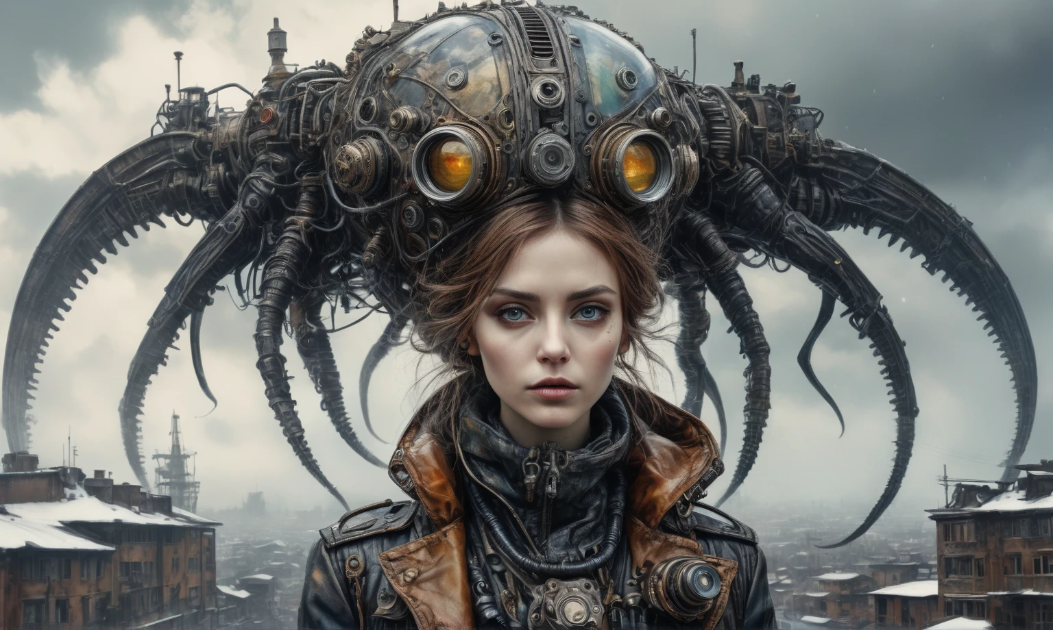 insane pilot from USSR , camouflage Rusty, before a psychiatric clinic,winter,intricate landscape,slate grey atmosphere,film grain,faded,eyes extremely detailed,another world,view from height,once pretty face,eyebrow up,full body shot,ominous landscape, Simon Stalenhag,Nicola Samori,full body shot,beggar paladium The Alien Entity xenomorph,Technicolor,natural skin textures, hyper realism, hyper detailed,Extremely detailed,High contrast,Masterpiece,Realistic,Ultra Detailed, intricate details,realistic humid leather,extremly intricate,Epic Realistic, cinematic style,irina yermolova,high contrast,hdr,extremely detailed, deep night landscape,masterpiece,intricate details,faded,eyes extremely detailed, high detailed eyes,8k resolution,RAW,retina, Nikon Z9,China,tkt style, transition between two art styles, Ink painting to photorealism, Double contact, X-ray, Creative, vivid light, masterpiece, fantasy, Abstract Surrealism, super detailed, high resolution, stop:35;Her skin is pale, almost translucent,ancient rock,a hot air soars through the layers of clouds, revealing a colossal and enigmatic cityscape nestled within. The buildings in this ethereal city are adorned with intricate details and exude an aura of mystery. Above the cityscape, lend an enchanting touch to the scene. steampunk. The intricate mechanics create a sense of wonder and fascination, as if stepping into a dreamlike realism,Marta Bevacqua, Ellen Jewett, Kawacy, Katsuya Terada, Carne Griffiths