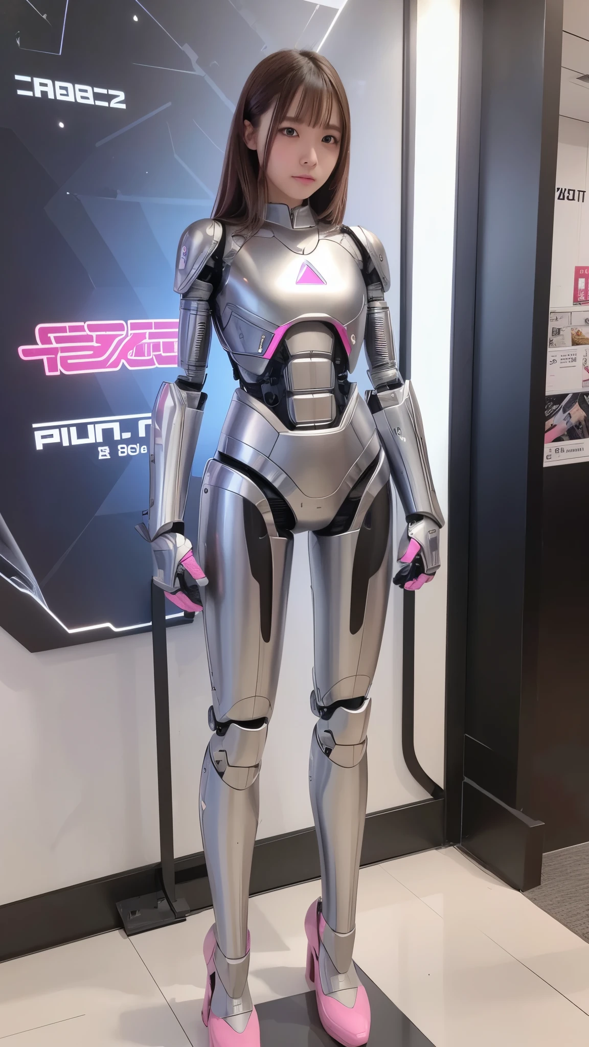 Robot Girl, pink there, Silver, Metallic body, Robot Parts, Metal Parts, Super Detailed Face, Super well-formed face, of the highest quality, a small face, small head, Brown hair, Slender body, Camera gaze, Internal Mechanical Exposure, Idol, front facing, Well-proportioned body, sale, Exhibited, Event Hall, Moe Pose, job interview suit machine armor, Standing with legs open, Model body type, sad, Embarrassing,(Perfect Robot Girl),(Perfect machine body)