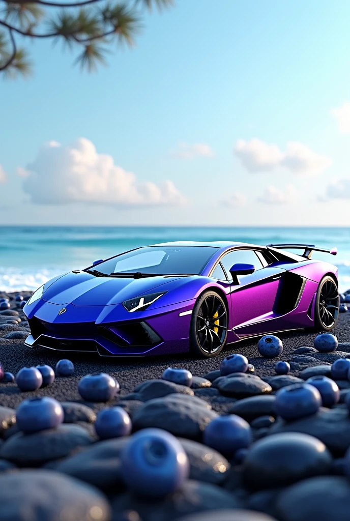 I want a picture of a Lamborghini Aventador 12000 blueberry ice with little blueberries around it and a beach background and it is on some nice shiny black stones