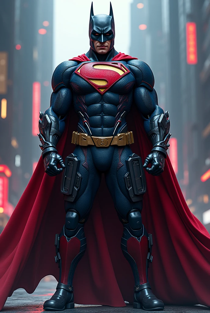Create a highly detailed HD fused image of Batman and Superman, add Deadpool details, add details of the cybernetic Hellbat armor