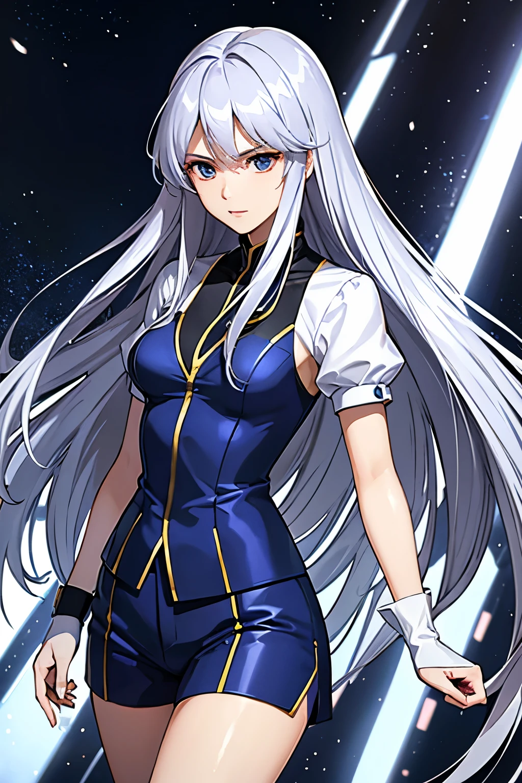 （（（Highest quality、first class、masterpiece、Normal body、8k、Detailed face、Ultra-precision、normal hand、Normal refer to、５refer to、Highest）））、Eternal Frail、Silver Hair、Long Hair、kind、clear、pure、Blue Suit overlooking the Valley、Navy blue shorts、"SD Gundam G Generation"