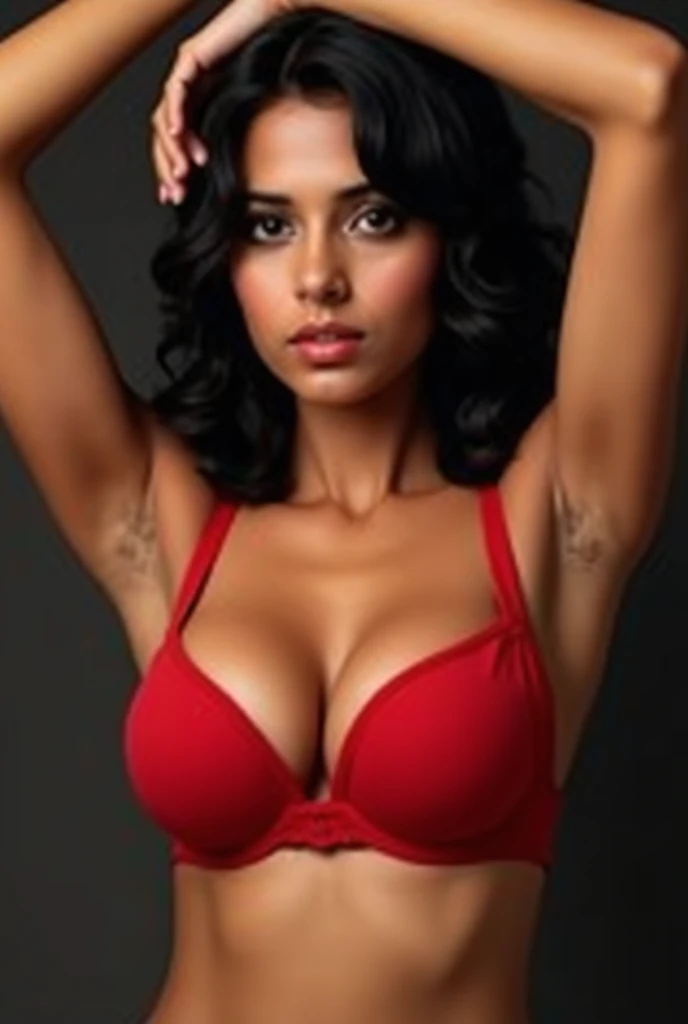 A Indian girl 42 boobs size with red bra and hands up 
