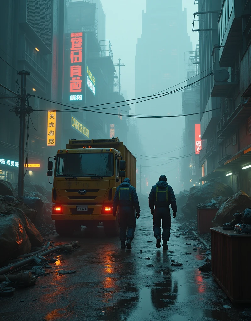 a cyberpunk city scene in the morning mist, 2 garbage collectors, garbage collection truck, detailed garbage collection station, moody lighting, cinematic composition, dramatic atmosphere, realistic 3d rendering, photorealistic, 8k, best quality, highly detailed, cinematic lighting, dramatic colors, moody tones, volumetric fog, neon lights, futuristic cityscape, gritty urban environment, industrial machinery, detailed textures, intricate details