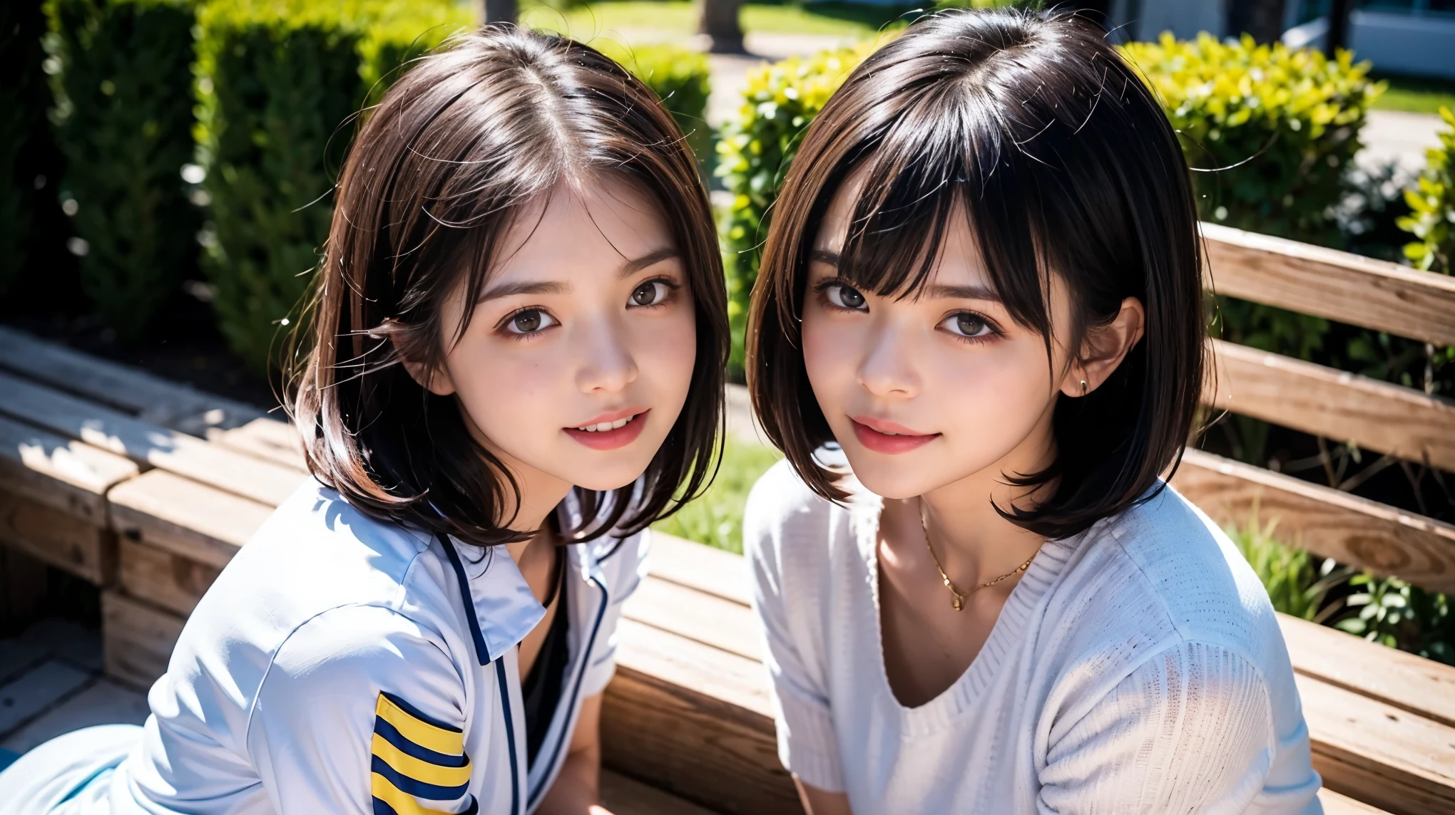 sunny day, Elegant photo of her in a blazer dress, (Puffy eyes:1.05), (White lace shirt), Platinum brown hair, (Angled Bob:1.4), Flat bangs, (Flowing Hair), smile, Happy, happiness, Skin with attention to detail, Skin pores, A beautiful innocent symmetrical face, Long eyelashes, Black eyeliner, Light gold eyeshadow,(Sit on a bench), Crossed_feet, Emotional, Wind, garden, wood, Grass, masterpiece, Highest quality, Realistic,