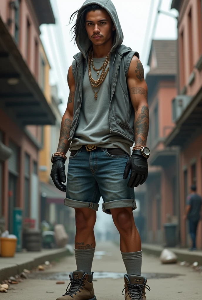 26 year old mexican rapper wearing fingerless gloves and hiking boots and knee high socks and sleeveless grey jersey and denim shorts