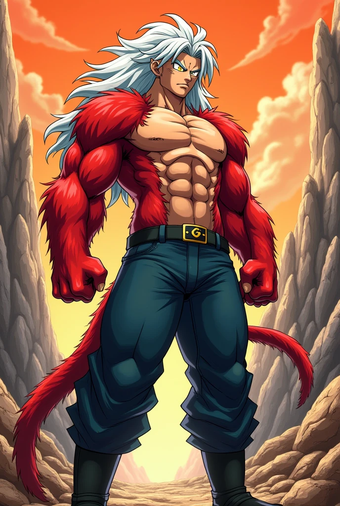 Dragon Ball character,man,long, frizzy white hair,yellow eyes,shirtless,red fur on his arms, back and the edges of his abdomen,dark blue jeans,black boots,red monkey tail in the middle of a rocky area with an orange sky(anime style/dragónball)