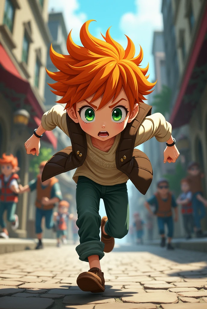 A green-eyed boy with very white skin and orange hair, of average height, running away from guards. ((Raby)) ((アニメ))