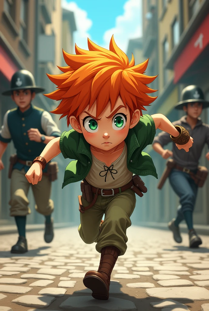 A green-eyed boy with very white skin and orange hair, of average height, running away from guards. ((Raby)) ((アニメ))