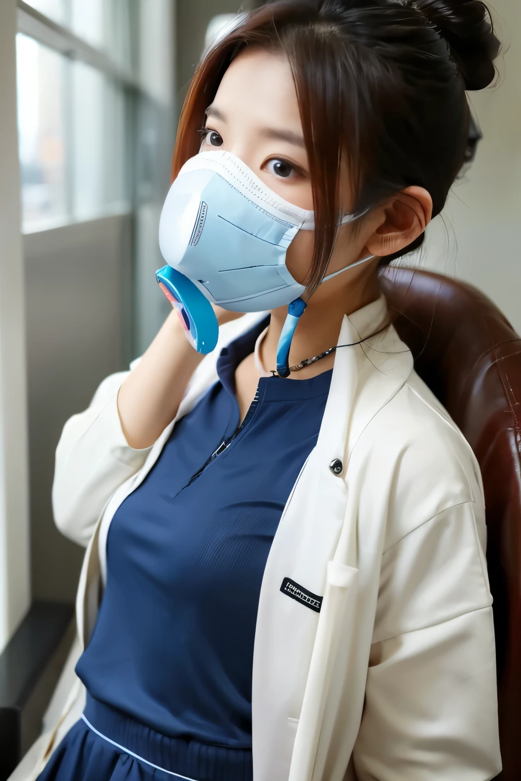 Asian woman wearing nurse uniform receiving oxygen inhalation There are Oxygen inhalation Oxygen mask