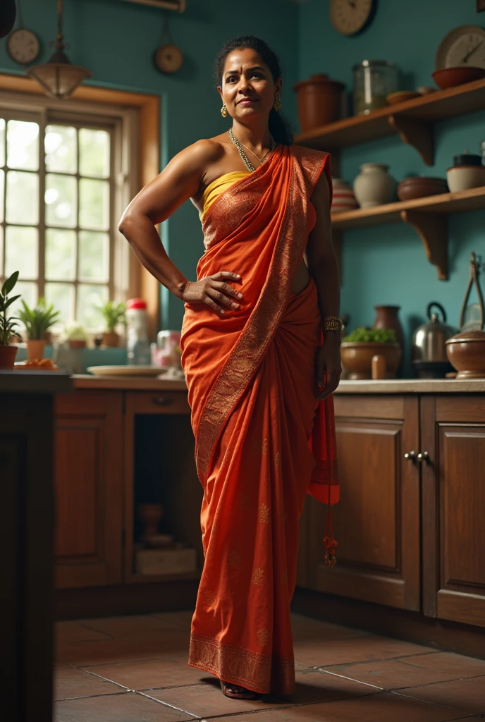 40year old heavy muscular young aged cute beautiful Kerala malayali beautiful female bodybuilder housemaid aunty , aunty in saree , Her muscular physique is highlighted by her self-assured strong biceps legs with more muscular calf with pointed high heel sandal in kitchen