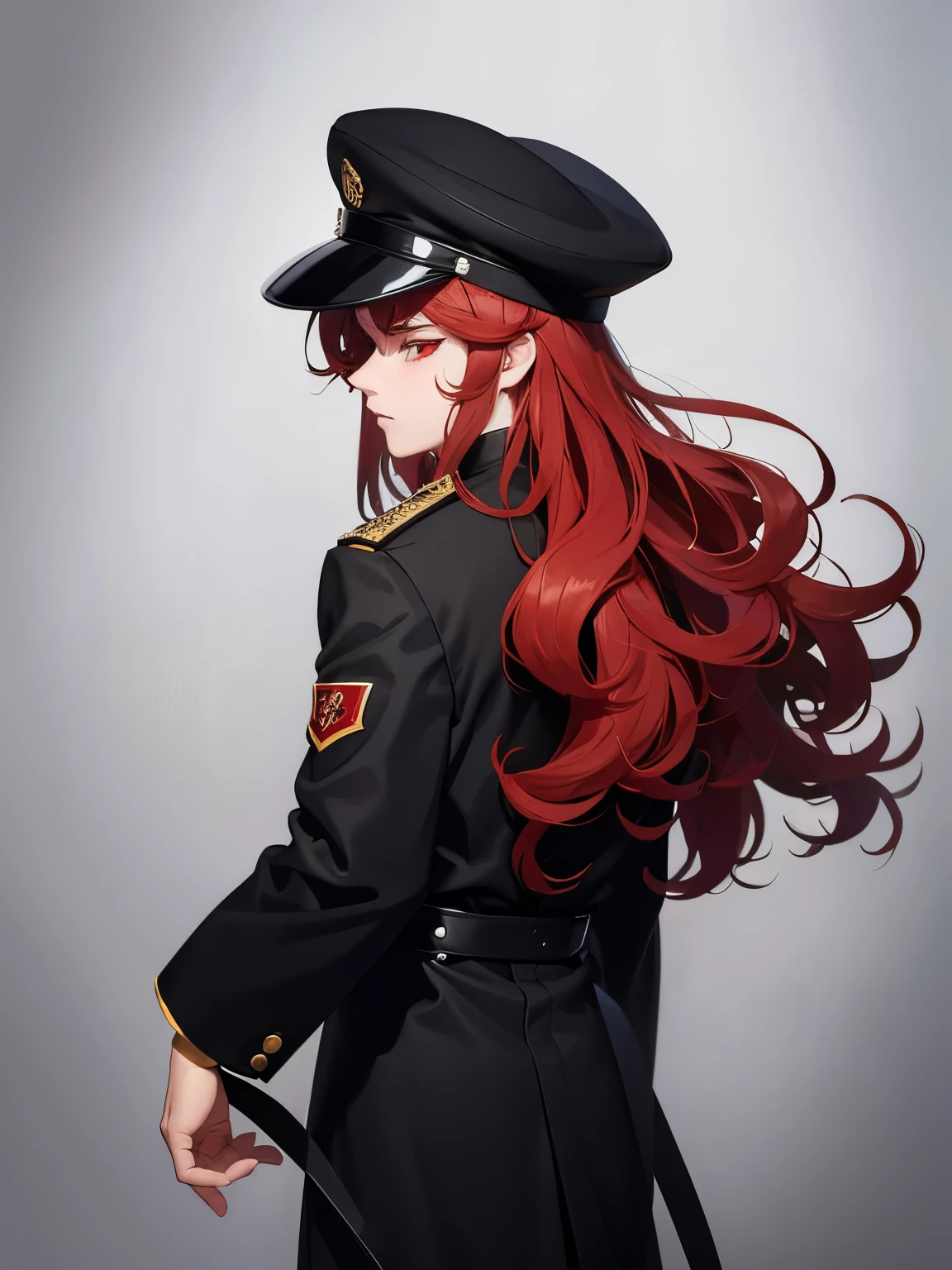 1boy,18 years old,cool style,walking,Facing back, camera angle from behind, photo from behind, hand on head holding hat,middle parted hairstyle,Curly hair, red hair, red eyes, long hair, vampire, handsome,, close up photo,Black army uniform, black army hat