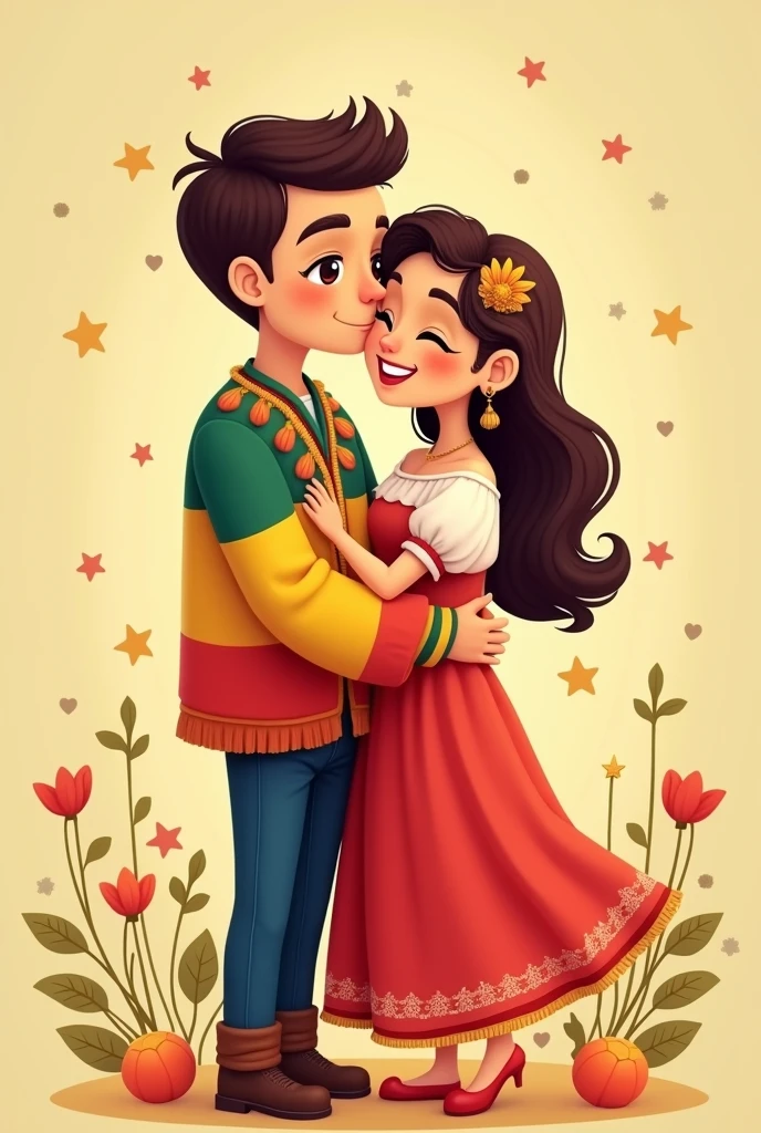 Affectionate couple, Bolivian man with the red, yellow, and green flag., Chilean woman with Chilean flag, in cartoons