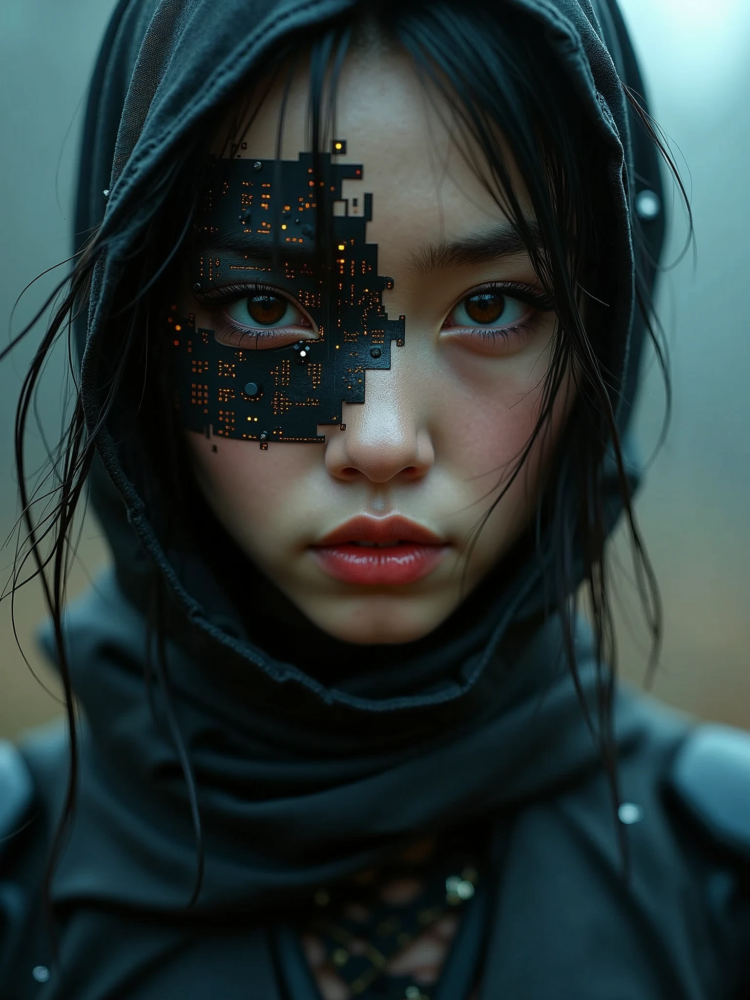 ((masterpiece, 16K, best quality, high resolution:1.3)), (super close-up portrait:1.45), (cyberpunk face augmentation:1.45), (black color circuit board tattoos on face:1.5), (epic skin details:1.45), (Sci-fi Darkness by He Xiaofeng:1.45), (a quiet Fighter, feudal Ninja:1.45), (robotic shinobi suit:1.45), (style Katy Grannan:1.35), (satin texture:1.45), (glitchy:1.5), (foggy:1.35), (harsh lighting:1.45),
(the portrait features a close-up of a face with intricate cyberpunk augmentations:1.45), (the face is adorned with black circuit board tattoos that glow with a subtle, futuristic light:1.5), (the skin is detailed with a satin texture, showcasing every pore and imperfection:1.45), (the overall aesthetic is dark and sci-fi, reminiscent of He Xiaofeng's style:1.45), (the subject is a quiet fighter, a feudal ninja, with a robotic shinobi suit:1.45), (the suit is sleek and form-fitting, with advanced technological features:1.45), (the style is influenced by Katy Grannan, adding a layer of realism and depth:1.35), (the image has a glitchy effect, with digital artifacts and distortions:1.5), (the background is foggy, creating a sense of mystery and atmosphere:1.35), (the lighting is harsh, casting dramatic shadows and highlights:1.45),
(Canon EOS 5DS R camera, perfect for capturing the detail and beauty of the scene:1.2), (paired with the Canon EF 85mm f/1.4L IS USM lens:1.2), (the composition showcases the intricate details of the cyberpunk augmentations and the dark, futuristic setting:1.2), (a moment frozen in time, capturing the essence of technological advancement and artistic precision:1.3), (ultra photorealistic, highlighting the intricate details of the face and the futuristic environment:1.3), (an image that transports viewers to a captivating and futuristic moment:1.2), (a scene that exemplifies the beauty of cyberpunk art and technological innovation:1.2)