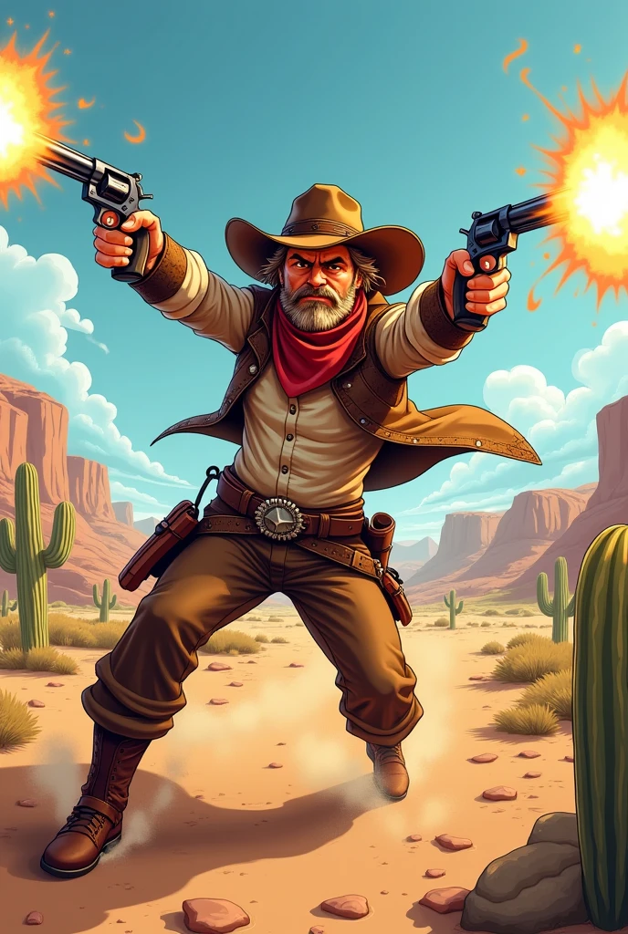 Cartoon of a cowboy firing his revolvers
