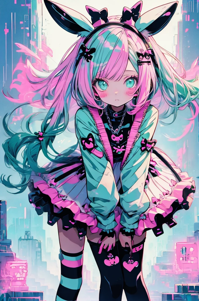 cute anime girl, pastel goth, bunny ears, bright pink and mint green mesh hair, white harajuku gothloli outfit, pink accessories, angel halo, holding chains, striped stockings, kawaii horror, vibrant colors, detailed vector art, playful and creepy, speech bubbles, organized chaos