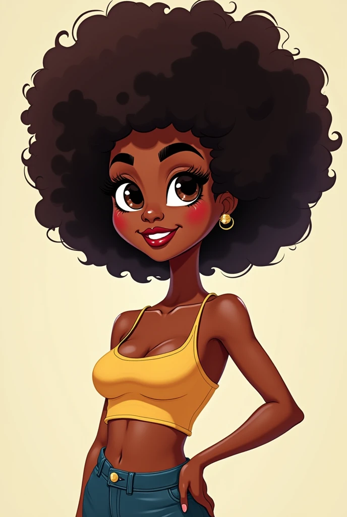cartoon image of a woman with a big afro hair, super cute funky black girl, cartoon style illustration, cartoon art style, cartoon art style, in digital illustration style, highly detailed character design, cute detailed digital art, urban girl fanart, portrait character design, beautiful digital illustration, high quality portrait, cartoon art, afro, character design portrait, showing tits
