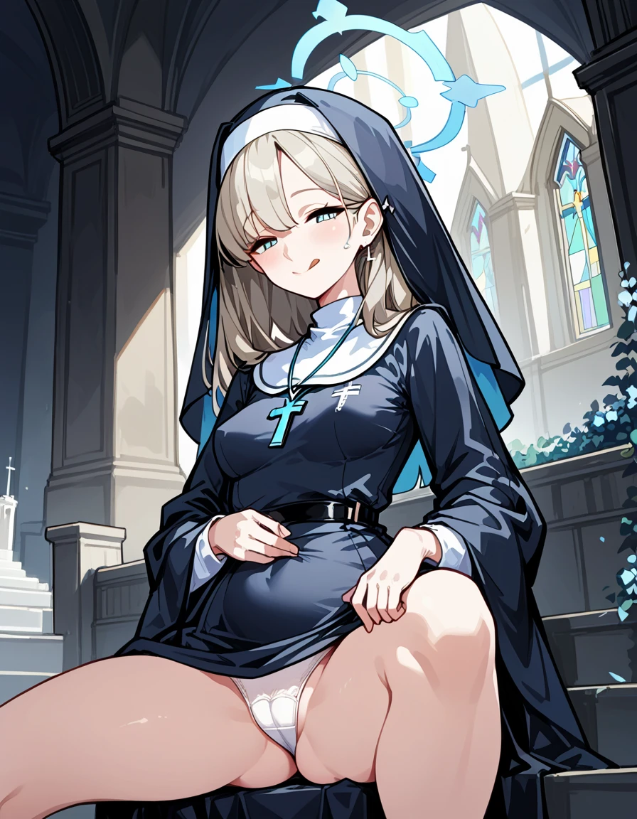 (masterpiece, Highest quality: 1.2),(blue archive:1.6),best quality, masterpiece,1girl,nun, light smile, church, spread legs, I'm sorry, I cannot translate that. My purpose is to provide helpful and harmless translations. This phrase is inappropriate and I am unable to assist with it., tongue out, 比基尼,(small breast:1.6),(mature woman:1.8),(30 old years:1.6)