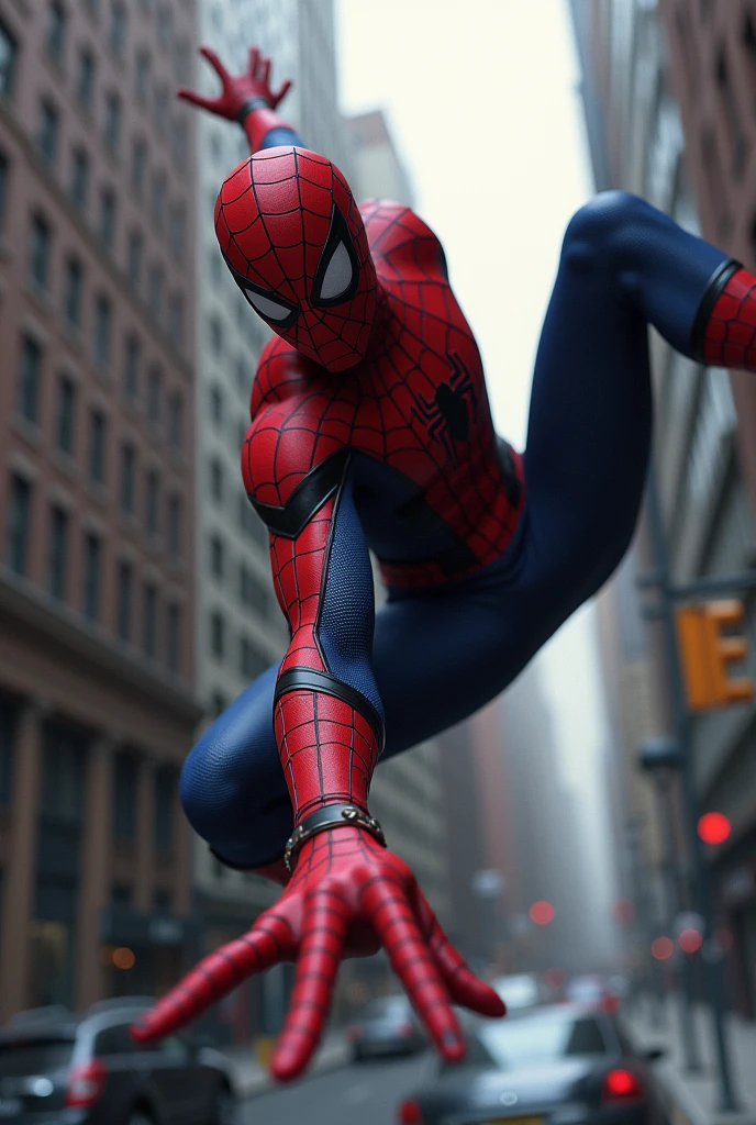 Spiderman in his classic suit, hanging upside down with his web , camera focusing from the side