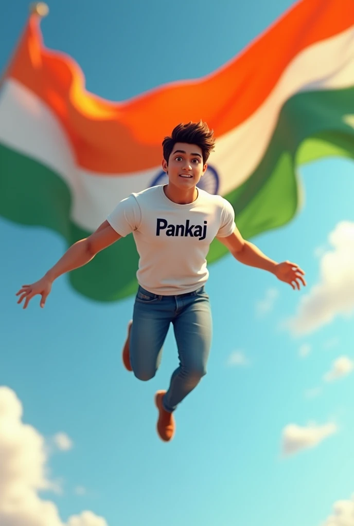 in 3d animation style a vary handsome boy 20year fly india tiranga pankaj name is printed on the T-shirt