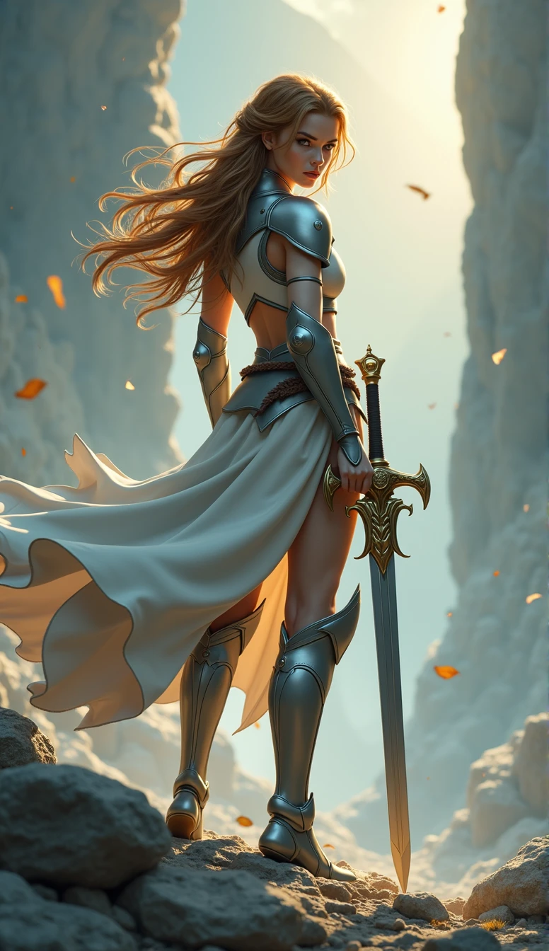Holding sword, firm figure, sarcasm face