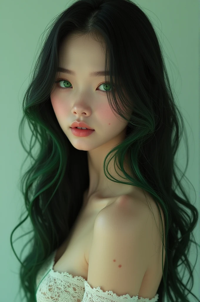  girl with a 90 60 90 body, long straight black hair with green tips., white skin and green eyes 