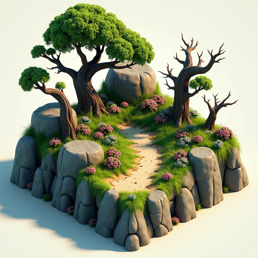 3D Game Model, Tribal style, Square land model of rocks, Trees and mossy decaying wood, Flower and grass growth