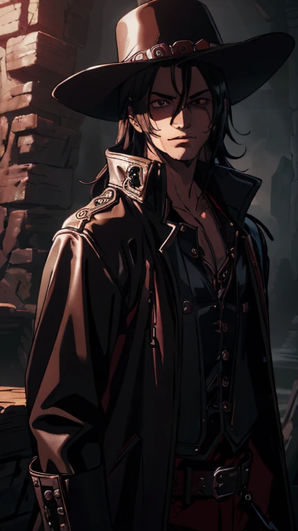 (1boy, s0l3k3n), (extremely detailed CG unit 8k wallpaper),(master part), (best quality), (ultra detail), (best illustration),(wanostyle), cowboy shot, (Sharp eyeliner, ombre, detail eyes), dark dungeon interiors background, ,break , (vamptech),hat, leather jacket, Coat,