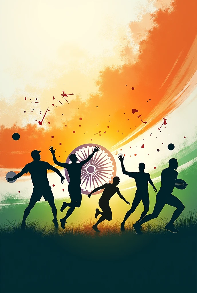 An Independence Day-themed Instagram story featuring the sports of volleyball, football, cricket, badminton, kabaddi, hockey etc. The background has a blend of saffron, white, and green, inspired by the national flag. Silhouettes of athletes playing volleyball, kicking a football, batting in cricket, and striking in badminton are shown in dynamic action poses, positioned across the image to create a balanced composition. Patriotic elements like the Ashoka Chakra and subtle fireworks are integrated into the background. The overall vibe is energetic and celebratory, with space at the top for a caption or message. Label as "Happy Independence day"