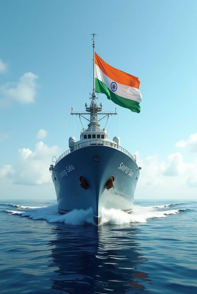 A ship in the ocean hoisting Indian Flag and my name should be written as "Sandip Sahu"