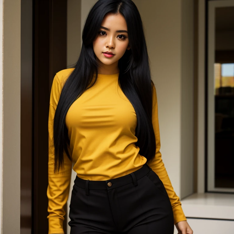 body photo, beautiful detailed, cute face, short, slim Guanajuato girl, long black hair, black hair over one eye, long sleeve plain T-shirt, long pants, fat wide hips, solo, 