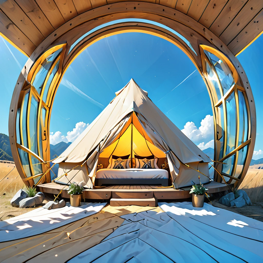 Glamping、symbol、Three-dimensional、Shine、Shine、gold、The background is blue sky