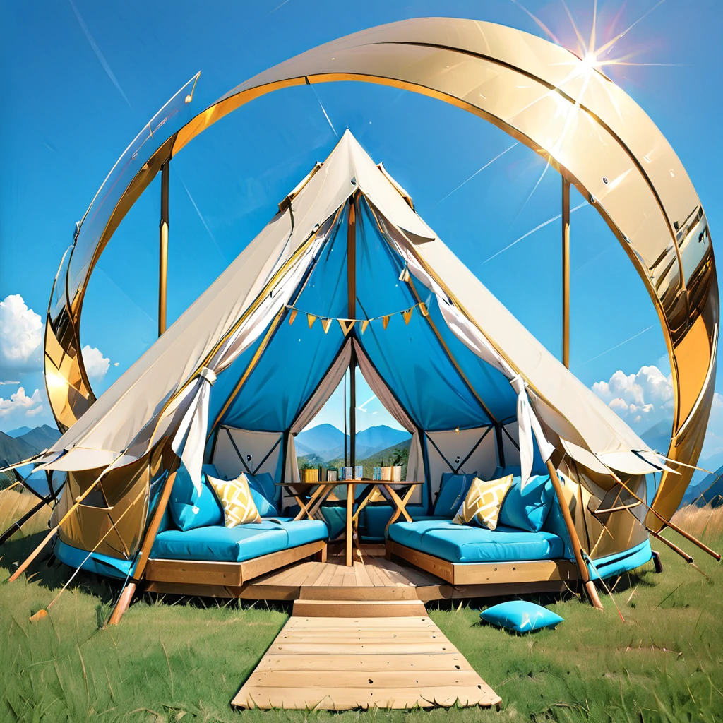 Glamping、symbol、Three-dimensional、Shine、Shine、gold、The background is blue sky